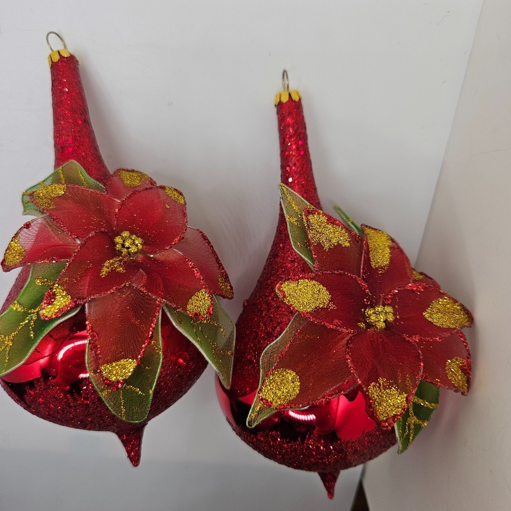 Vintage (2) Red Glass Teardrop Christmas Ornaments Poinsettia Glitter Floral